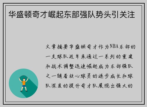 华盛顿奇才崛起东部强队势头引关注