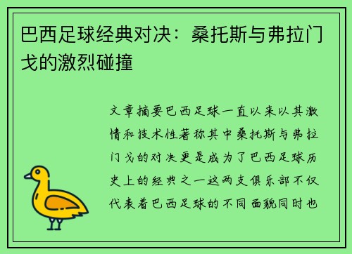 巴西足球经典对决：桑托斯与弗拉门戈的激烈碰撞